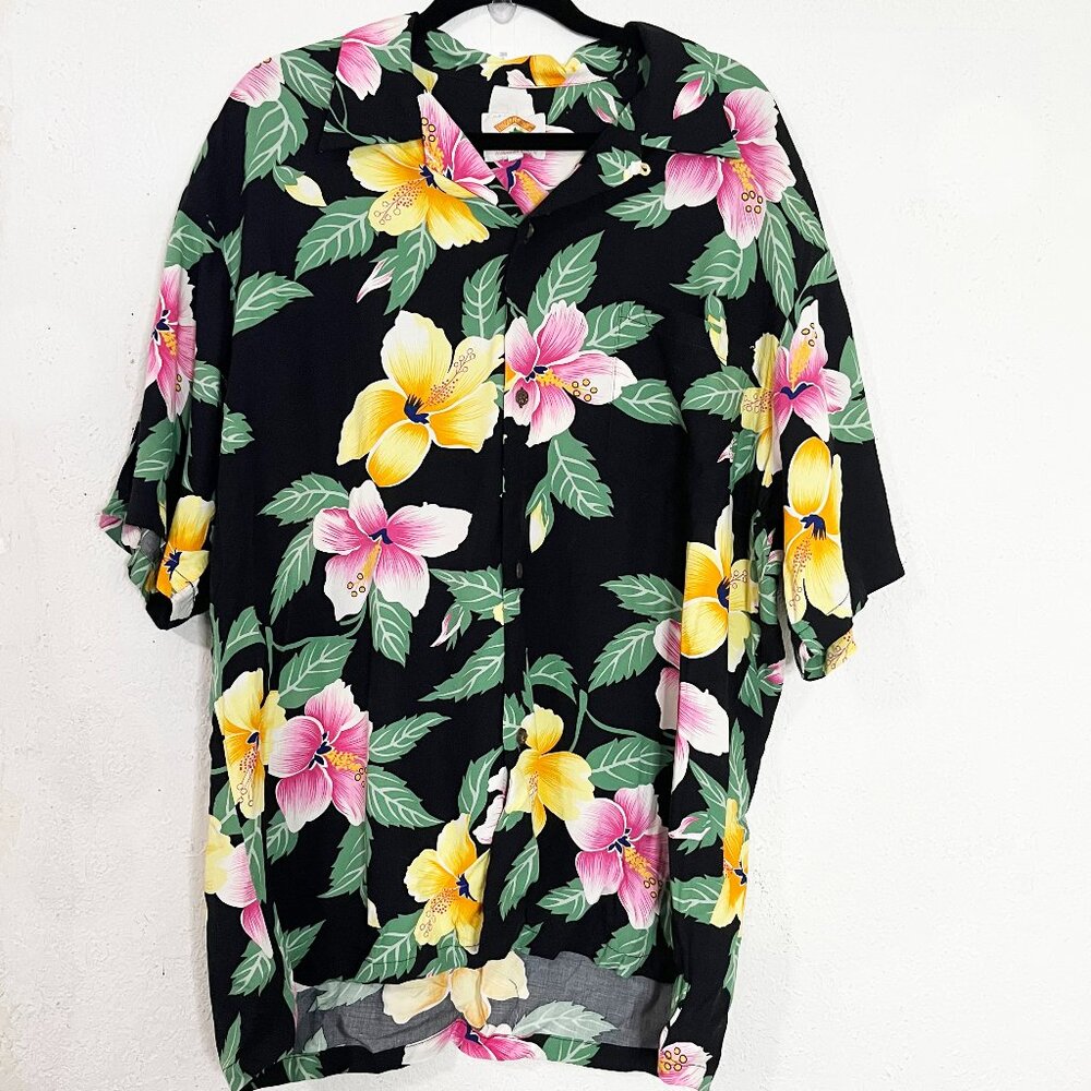 Vintage Pineapple Juice Black Floral Hawaiian Shirt Size‎ XL